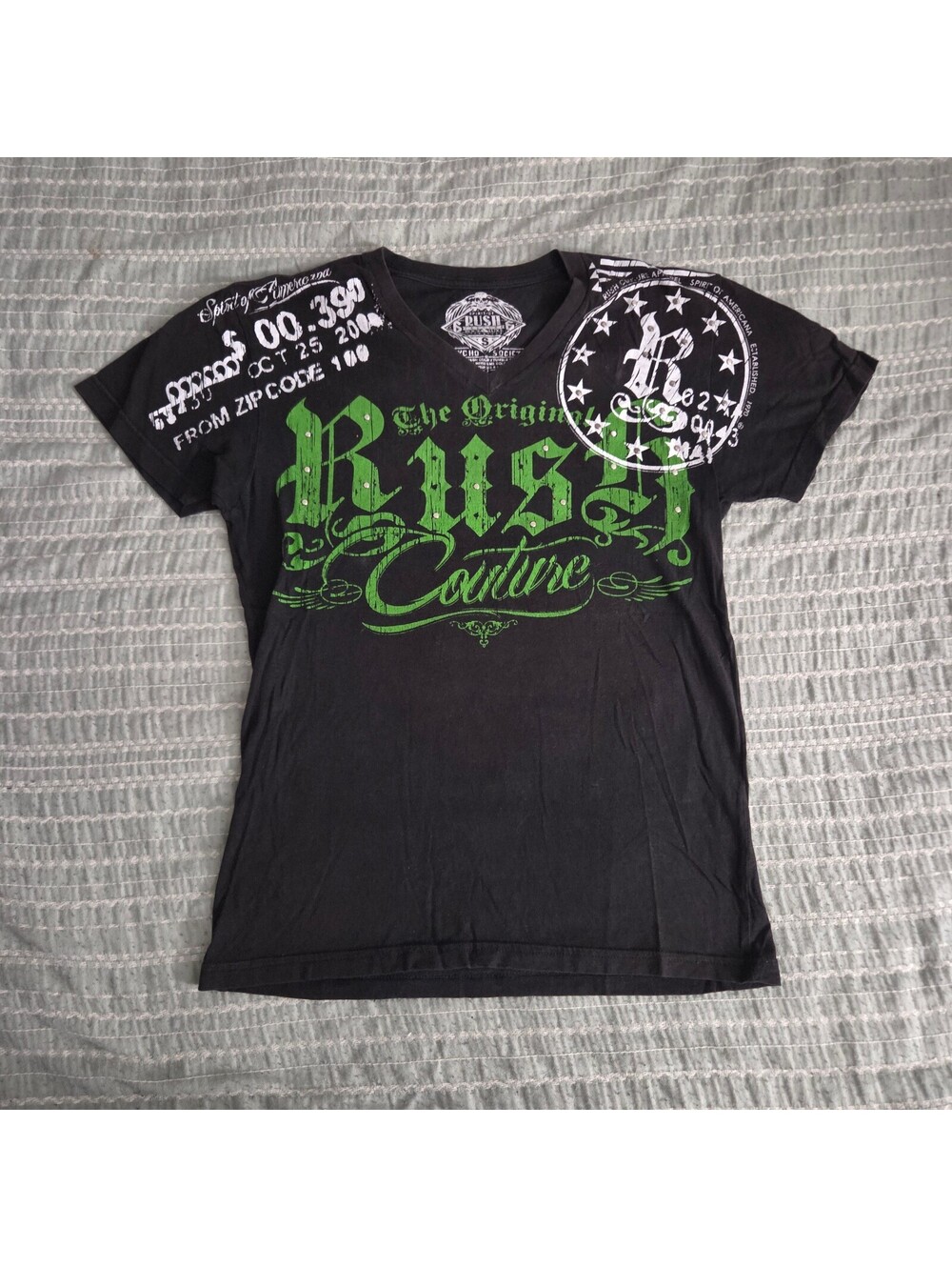Rush Couture black graphic V neck T shirt